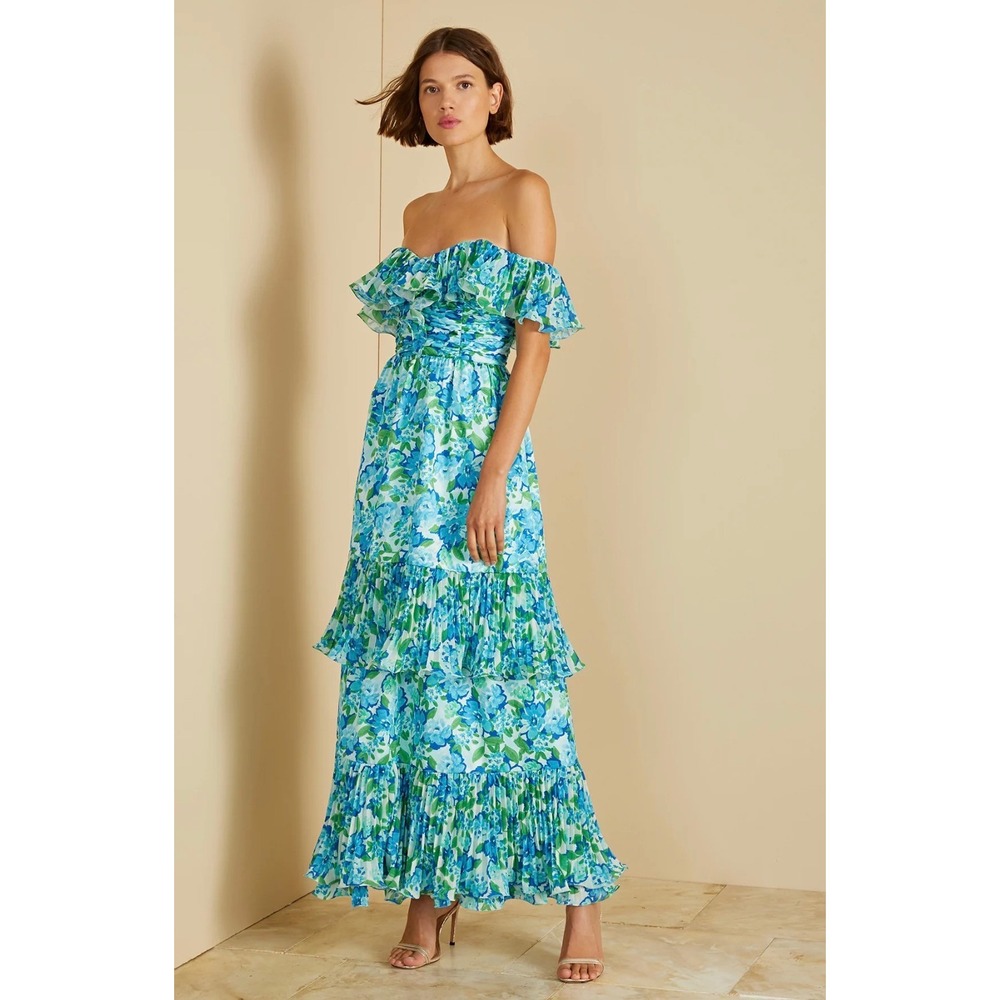 AMUR Pia Pleated Midi Dress Garden Blues Floral Ruffle Tiered Size 6 NWT